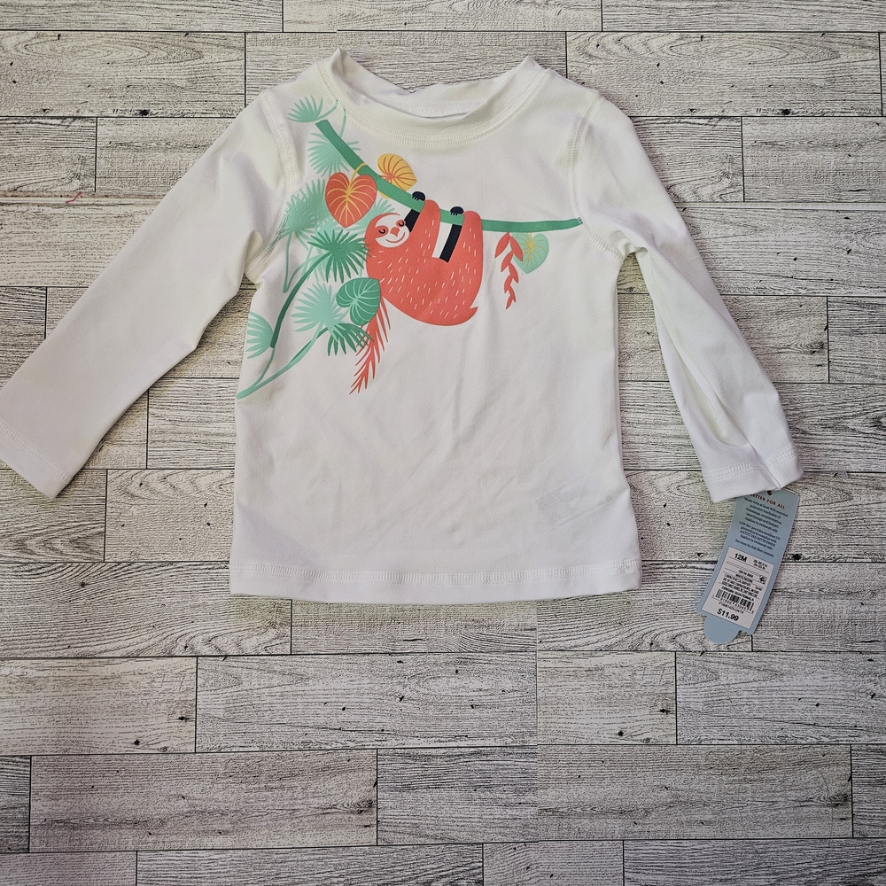 Girls Size 12 Months Cat & Jack Sloth Rashguard Swim Top With SPF 50+